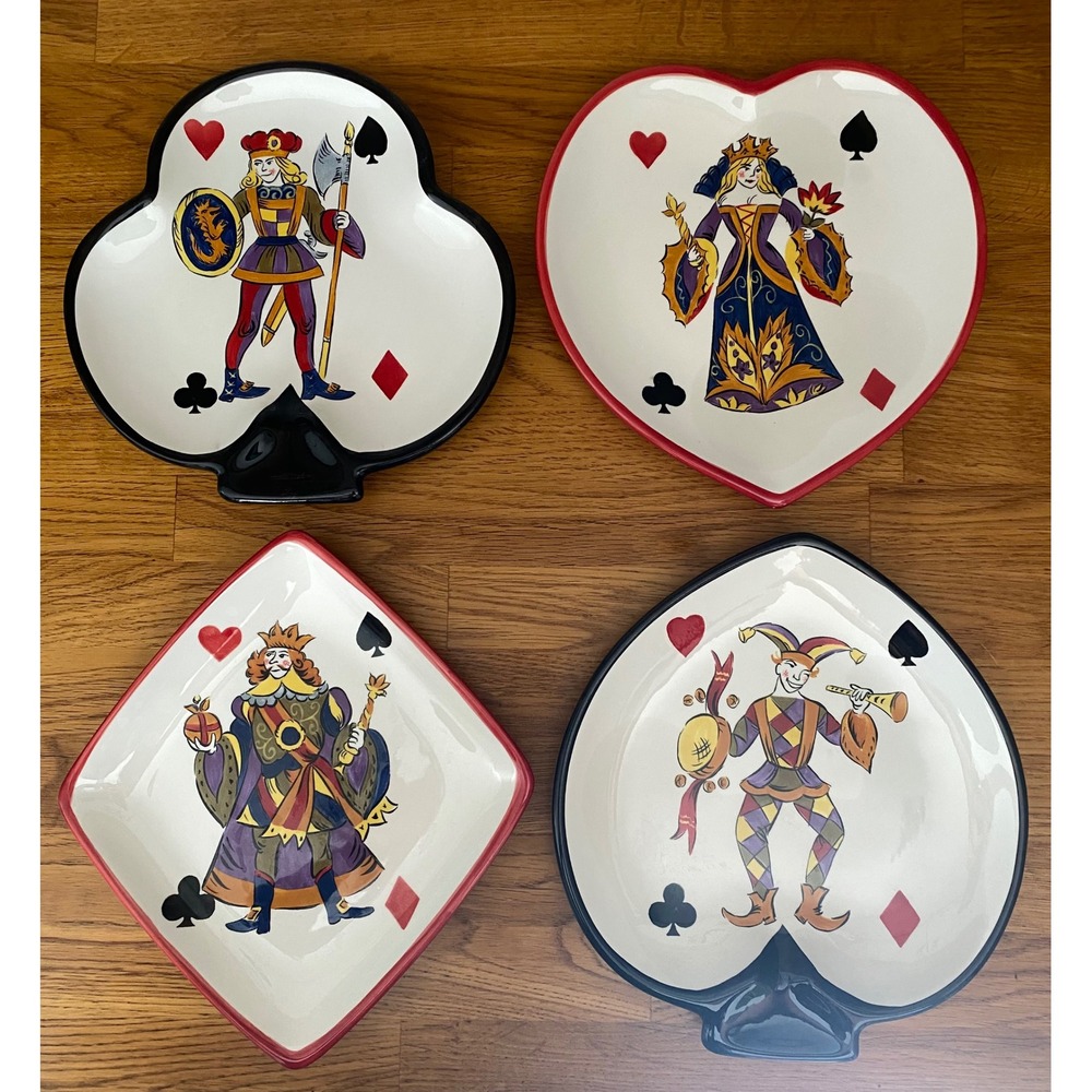 Vintage Playing Card Appetizer Plates Set of 4 King Queen Jack Joker Ceramic